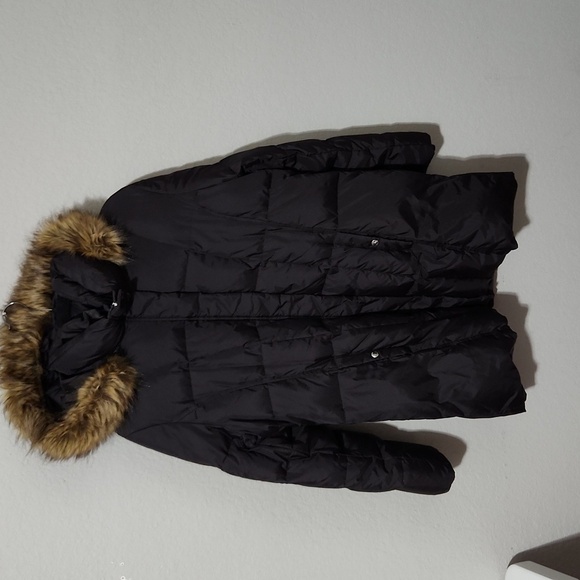 Michael Kors Jacket Size XL Puffer Faux Fur Hood Black Brown Long Coat